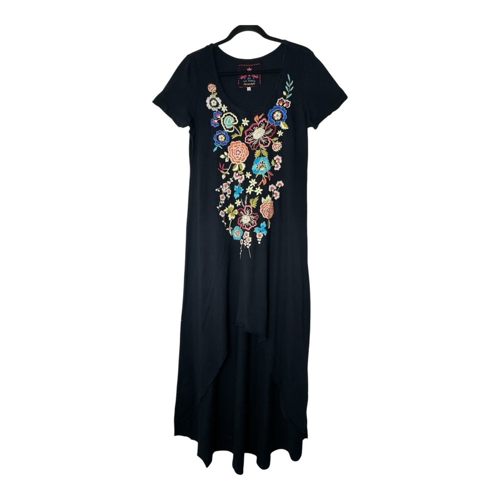 Johnny Was Dress Womens Medium Black Embroidered Floral Hi- Low Boho Flaw